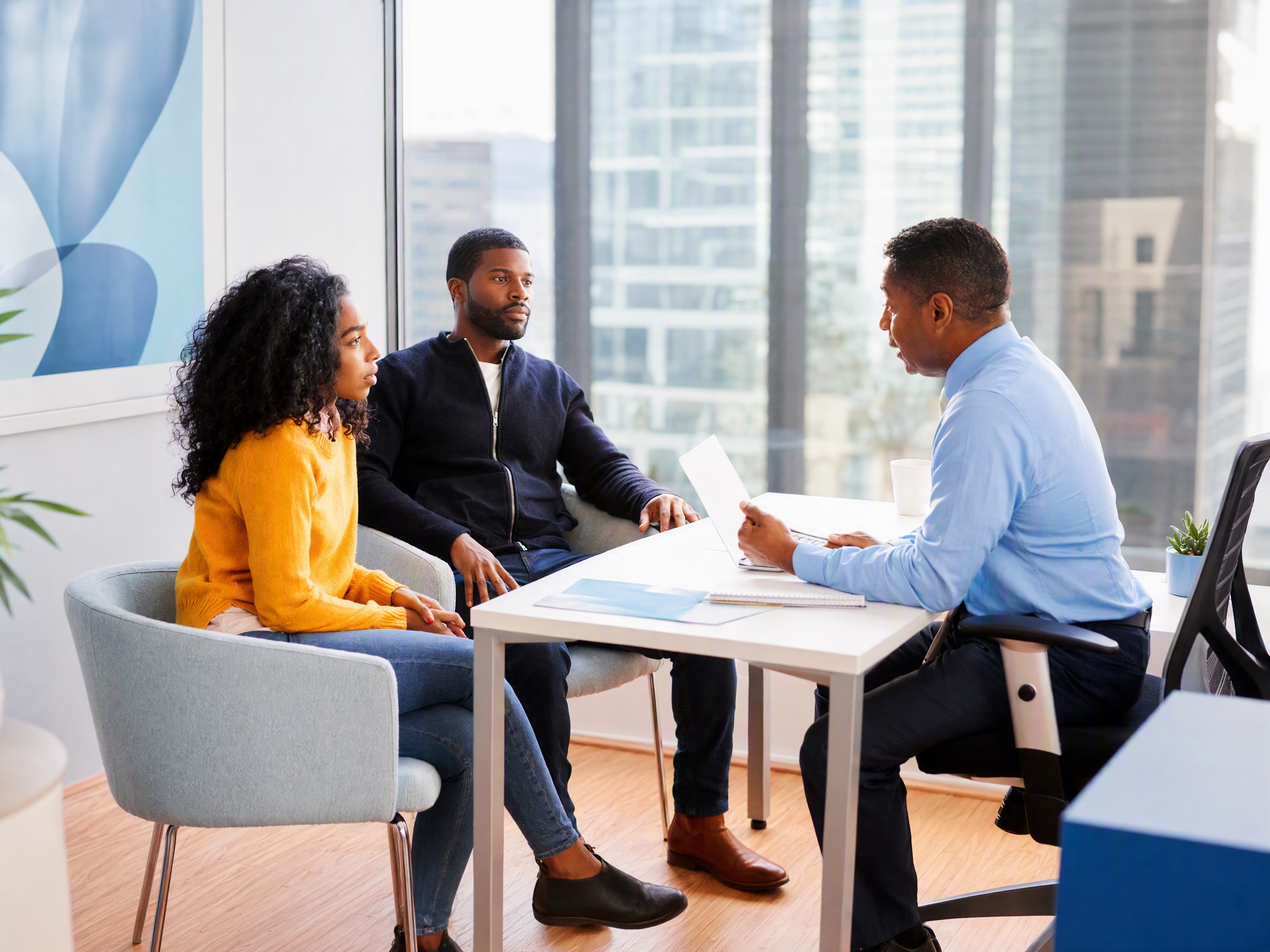 A financial advisor and business owner reviewing financial reports together